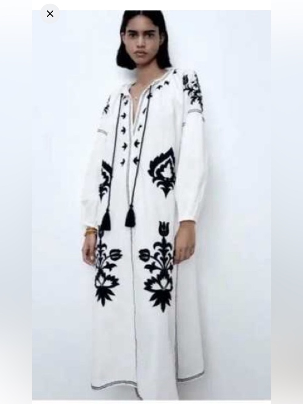 Zara White Maxi Dress with Black Embroidery